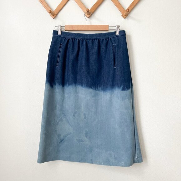 vintage Dresses & Skirts - Vtg 70s Russ ombre denim‎ skirt ILGWU a line knee length modest fits 30" waist